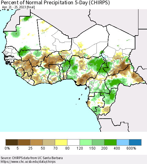 Western Africa Percent of Normal Precipitation 5-Day (CHIRPS) Thematic Map For 4/21/2023 - 4/25/2023