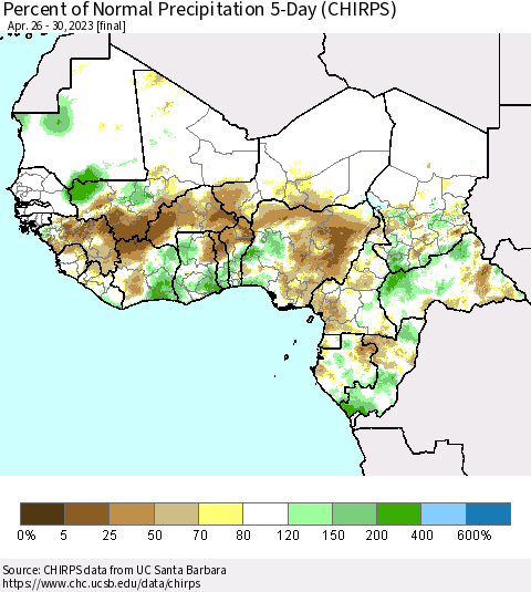 Western Africa Percent of Normal Precipitation 5-Day (CHIRPS) Thematic Map For 4/26/2023 - 4/30/2023