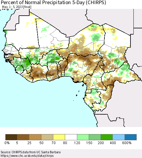 Western Africa Percent of Normal Precipitation 5-Day (CHIRPS) Thematic Map For 5/1/2023 - 5/5/2023