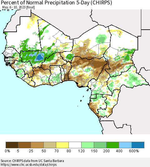 Western Africa Percent of Normal Precipitation 5-Day (CHIRPS) Thematic Map For 5/6/2023 - 5/10/2023