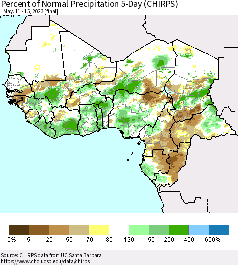 Western Africa Percent of Normal Precipitation 5-Day (CHIRPS) Thematic Map For 5/11/2023 - 5/15/2023