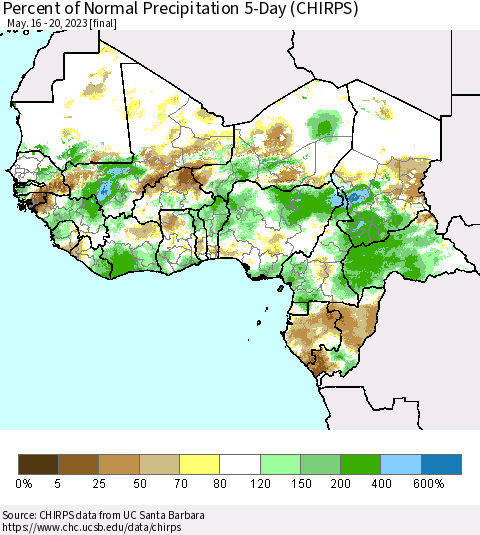 Western Africa Percent of Normal Precipitation 5-Day (CHIRPS) Thematic Map For 5/16/2023 - 5/20/2023