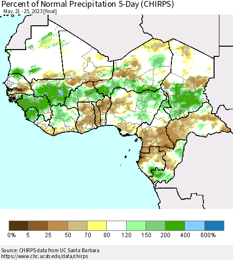 Western Africa Percent of Normal Precipitation 5-Day (CHIRPS) Thematic Map For 5/21/2023 - 5/25/2023