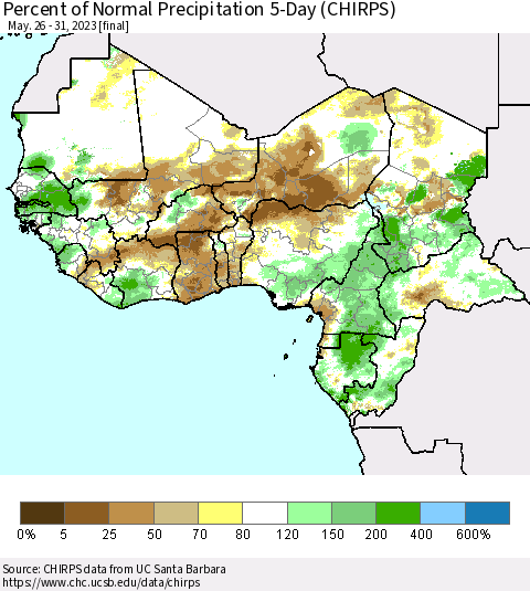 Western Africa Percent of Normal Precipitation 5-Day (CHIRPS) Thematic Map For 5/26/2023 - 5/31/2023