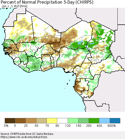 Western Africa Percent of Normal Precipitation 5-Day (CHIRPS) Thematic Map For 6/1/2023 - 6/5/2023