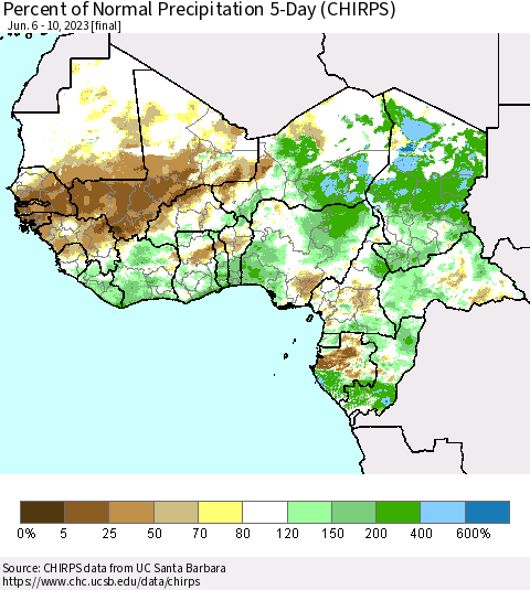Western Africa Percent of Normal Precipitation 5-Day (CHIRPS) Thematic Map For 6/6/2023 - 6/10/2023