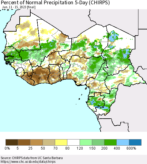 Western Africa Percent of Normal Precipitation 5-Day (CHIRPS) Thematic Map For 6/11/2023 - 6/15/2023