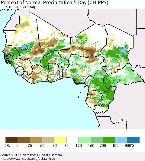 Western Africa Percent of Normal Precipitation 5-Day (CHIRPS) Thematic Map For 6/16/2023 - 6/20/2023