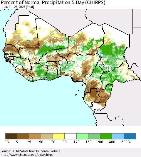Western Africa Percent of Normal Precipitation 5-Day (CHIRPS) Thematic Map For 6/21/2023 - 6/25/2023