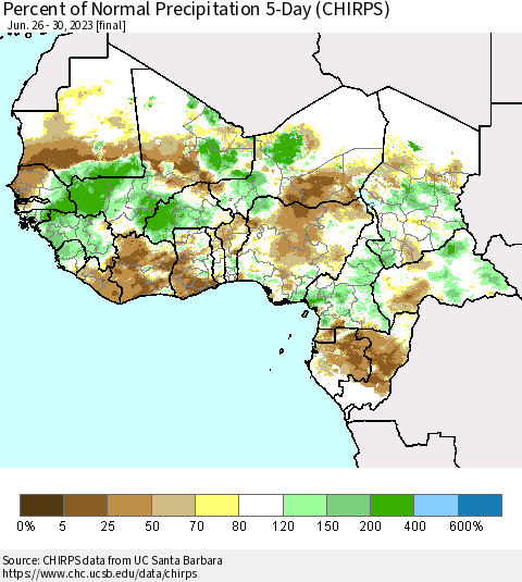 Western Africa Percent of Normal Precipitation 5-Day (CHIRPS) Thematic Map For 6/26/2023 - 6/30/2023