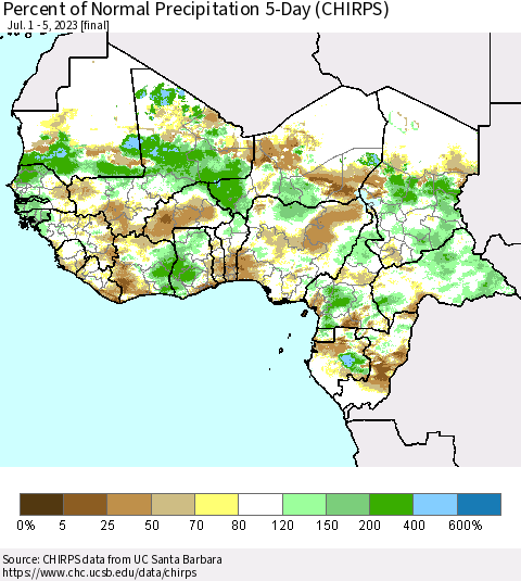 Western Africa Percent of Normal Precipitation 5-Day (CHIRPS) Thematic Map For 7/1/2023 - 7/5/2023