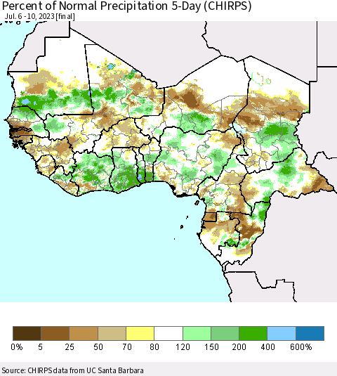 Western Africa Percent of Normal Precipitation 5-Day (CHIRPS) Thematic Map For 7/6/2023 - 7/10/2023