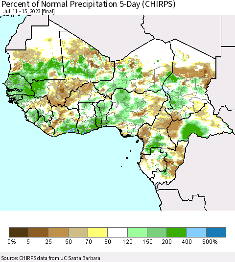 Western Africa Percent of Normal Precipitation 5-Day (CHIRPS) Thematic Map For 7/11/2023 - 7/15/2023