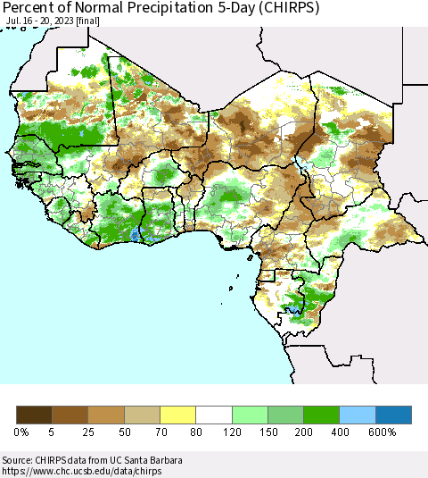 Western Africa Percent of Normal Precipitation 5-Day (CHIRPS) Thematic Map For 7/16/2023 - 7/20/2023