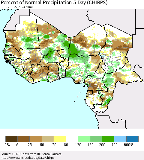 Western Africa Percent of Normal Precipitation 5-Day (CHIRPS) Thematic Map For 7/21/2023 - 7/25/2023