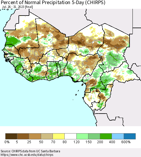 Western Africa Percent of Normal Precipitation 5-Day (CHIRPS) Thematic Map For 7/26/2023 - 7/31/2023