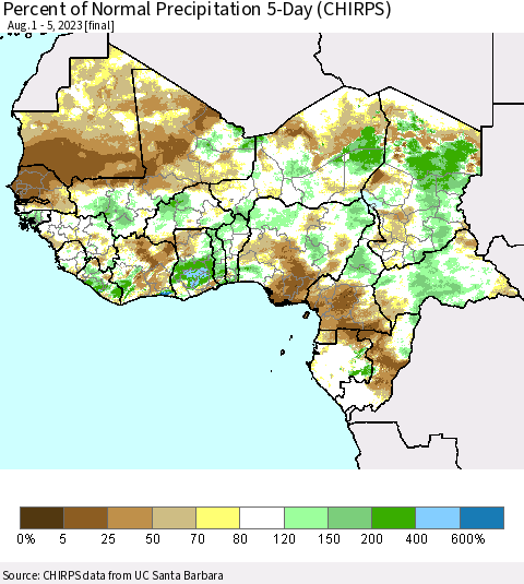 Western Africa Percent of Normal Precipitation 5-Day (CHIRPS) Thematic Map For 8/1/2023 - 8/5/2023