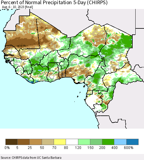 Western Africa Percent of Normal Precipitation 5-Day (CHIRPS) Thematic Map For 8/6/2023 - 8/10/2023