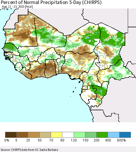 Western Africa Percent of Normal Precipitation 5-Day (CHIRPS) Thematic Map For 8/11/2023 - 8/15/2023