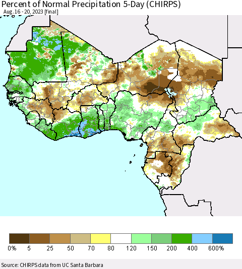 Western Africa Percent of Normal Precipitation 5-Day (CHIRPS) Thematic Map For 8/16/2023 - 8/20/2023