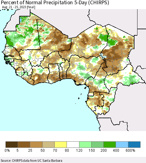Western Africa Percent of Normal Precipitation 5-Day (CHIRPS) Thematic Map For 8/21/2023 - 8/25/2023