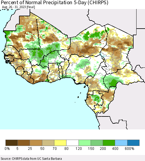 Western Africa Percent of Normal Precipitation 5-Day (CHIRPS) Thematic Map For 8/26/2023 - 8/31/2023