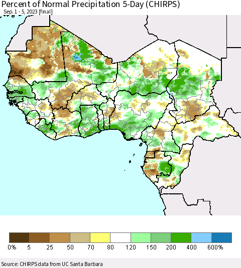 Western Africa Percent of Normal Precipitation 5-Day (CHIRPS) Thematic Map For 9/1/2023 - 9/5/2023