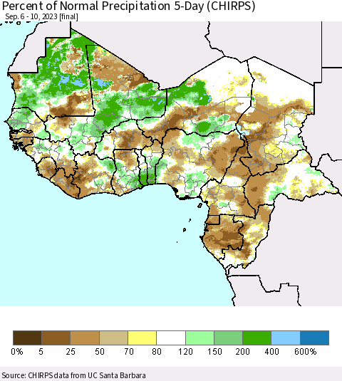Western Africa Percent of Normal Precipitation 5-Day (CHIRPS) Thematic Map For 9/6/2023 - 9/10/2023