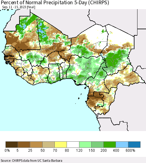 Western Africa Percent of Normal Precipitation 5-Day (CHIRPS) Thematic Map For 9/11/2023 - 9/15/2023
