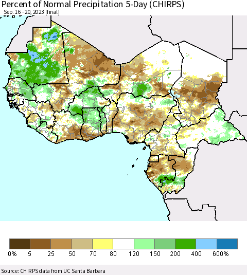 Western Africa Percent of Normal Precipitation 5-Day (CHIRPS) Thematic Map For 9/16/2023 - 9/20/2023