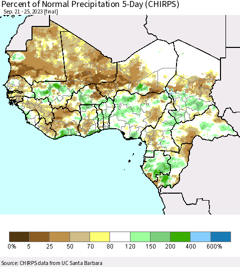 Western Africa Percent of Normal Precipitation 5-Day (CHIRPS) Thematic Map For 9/21/2023 - 9/25/2023