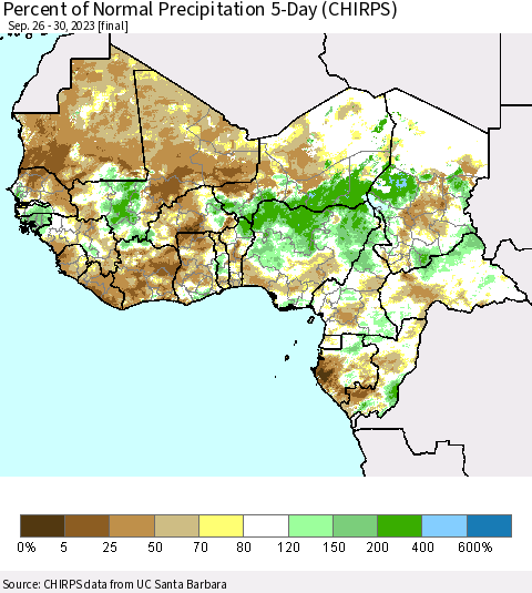 Western Africa Percent of Normal Precipitation 5-Day (CHIRPS) Thematic Map For 9/26/2023 - 9/30/2023