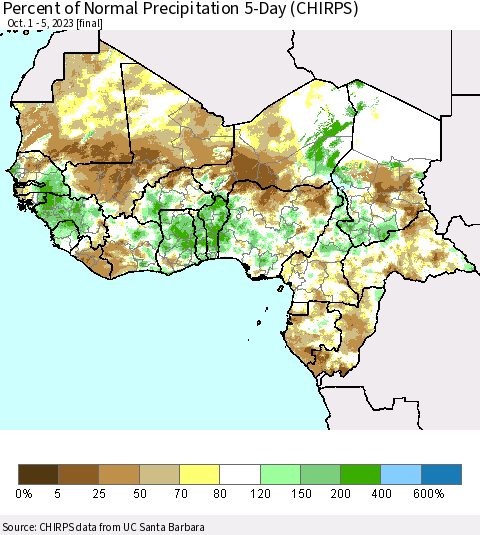 Western Africa Percent of Normal Precipitation 5-Day (CHIRPS) Thematic Map For 10/1/2023 - 10/5/2023