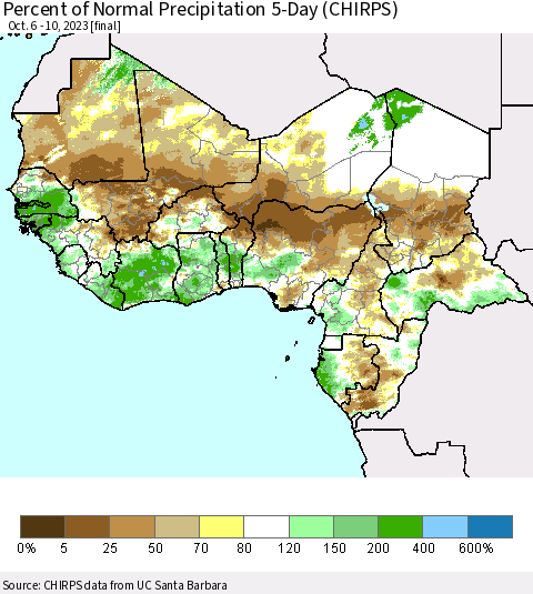 Western Africa Percent of Normal Precipitation 5-Day (CHIRPS) Thematic Map For 10/6/2023 - 10/10/2023