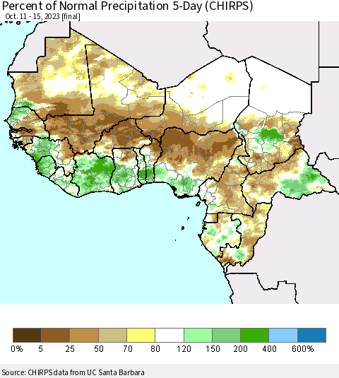 Western Africa Percent of Normal Precipitation 5-Day (CHIRPS) Thematic Map For 10/11/2023 - 10/15/2023