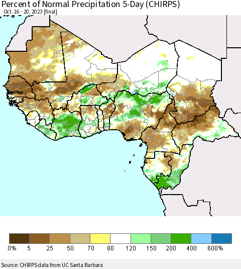 Western Africa Percent of Normal Precipitation 5-Day (CHIRPS) Thematic Map For 10/16/2023 - 10/20/2023