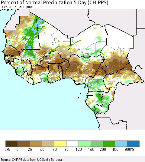 Western Africa Percent of Normal Precipitation 5-Day (CHIRPS) Thematic Map For 10/21/2023 - 10/25/2023