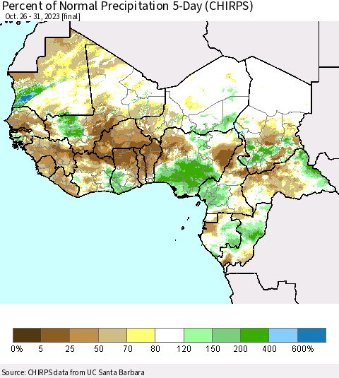 Western Africa Percent of Normal Precipitation 5-Day (CHIRPS) Thematic Map For 10/26/2023 - 10/31/2023
