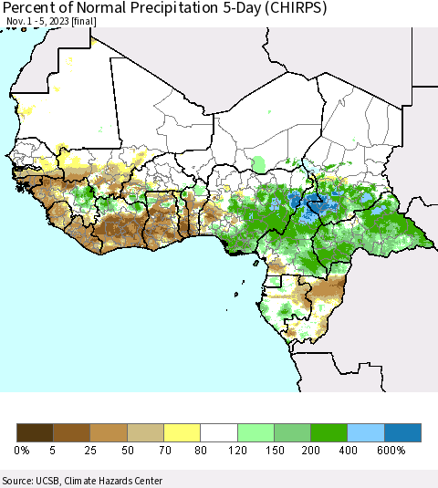 Western Africa Percent of Normal Precipitation 5-Day (CHIRPS) Thematic Map For 11/1/2023 - 11/5/2023