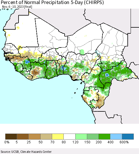 Western Africa Percent of Normal Precipitation 5-Day (CHIRPS) Thematic Map For 11/6/2023 - 11/10/2023
