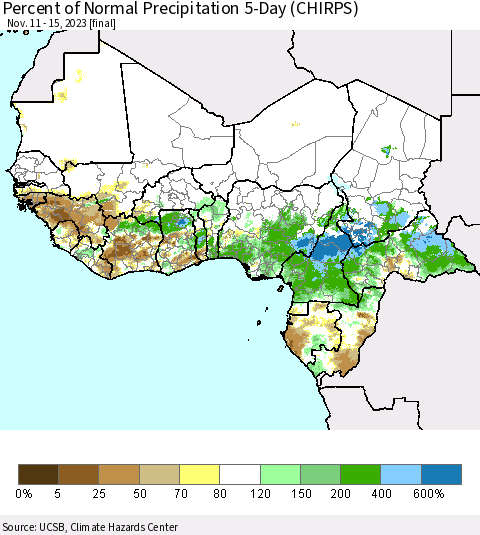 Western Africa Percent of Normal Precipitation 5-Day (CHIRPS) Thematic Map For 11/11/2023 - 11/15/2023
