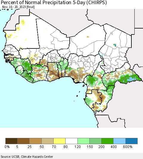 Western Africa Percent of Normal Precipitation 5-Day (CHIRPS) Thematic Map For 11/16/2023 - 11/20/2023