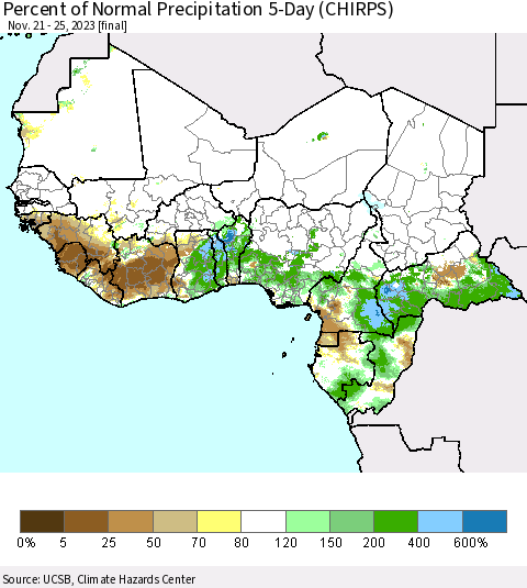 Western Africa Percent of Normal Precipitation 5-Day (CHIRPS) Thematic Map For 11/21/2023 - 11/25/2023