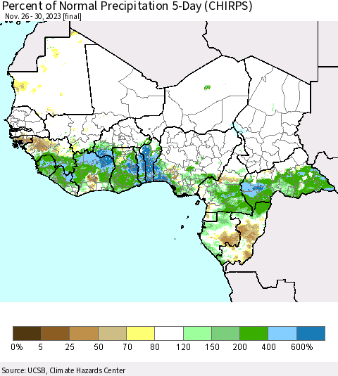 Western Africa Percent of Normal Precipitation 5-Day (CHIRPS) Thematic Map For 11/26/2023 - 11/30/2023