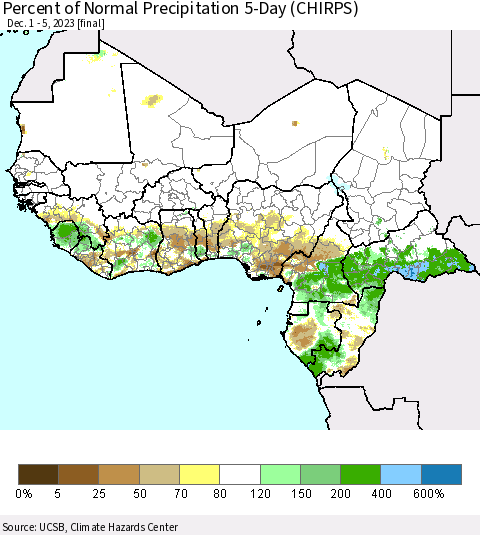 Western Africa Percent of Normal Precipitation 5-Day (CHIRPS) Thematic Map For 12/1/2023 - 12/5/2023