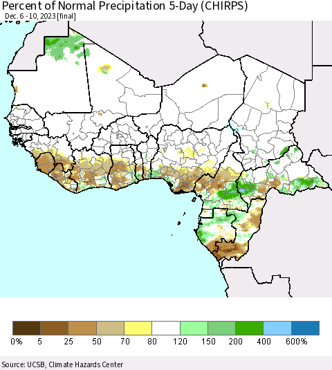Western Africa Percent of Normal Precipitation 5-Day (CHIRPS) Thematic Map For 12/6/2023 - 12/10/2023