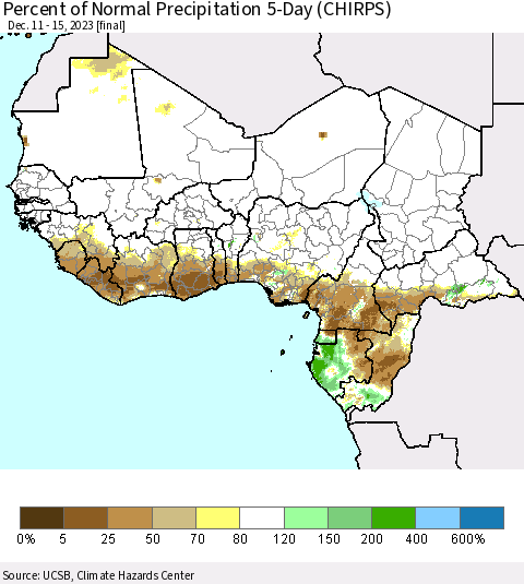 Western Africa Percent of Normal Precipitation 5-Day (CHIRPS) Thematic Map For 12/11/2023 - 12/15/2023