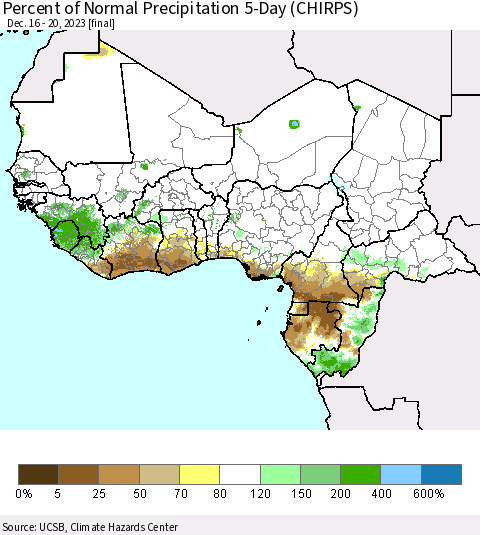 Western Africa Percent of Normal Precipitation 5-Day (CHIRPS) Thematic Map For 12/16/2023 - 12/20/2023