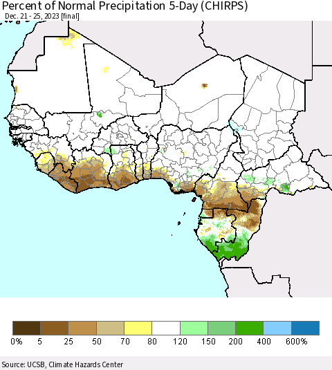 Western Africa Percent of Normal Precipitation 5-Day (CHIRPS) Thematic Map For 12/21/2023 - 12/25/2023
