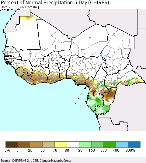 Western Africa Percent of Normal Precipitation 5-Day (CHIRPS) Thematic Map For 12/26/2023 - 12/31/2023